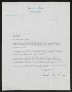 Brief von Frederick W. J. Heuser von Columbia University / Deutsches Haus  an Margarete Hauptmann