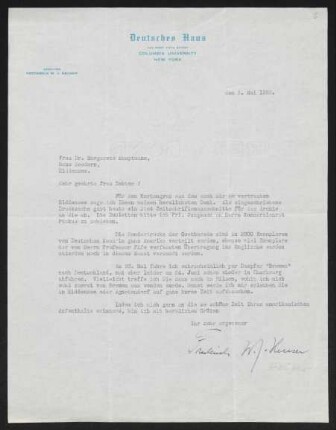 Brief von Frederick W. J. Heuser von Columbia University / Deutsches Haus <New York, NY> an Margarete Hauptmann