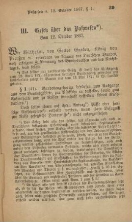 III. Gesetz über das Paßwesen. Vom 12. October 1867