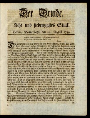 Acht und siebenzigstes Stück. Berlin, Donnerstags, den 28. August 1749