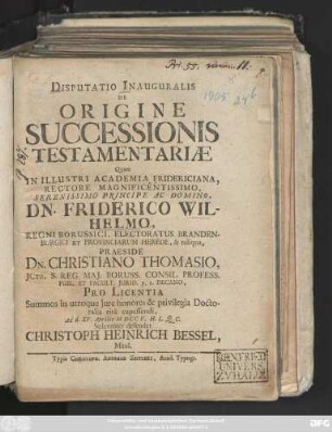 Disputatio Inauguralis De Origine Successionis Testamentariæ