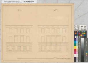 [Entwurf eines Gebäudes.] Schnitte, Grundrisse, Konstruktion der Dachbalken, Ansichten z.T. kolorierte Probezeichnungen des Maurers Josef Reuters aus Aachen