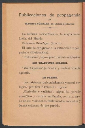 Publicaciones de propaganda de Magnus Söndahl, en idioma portugués [y] Del traductor español [y] En prensa