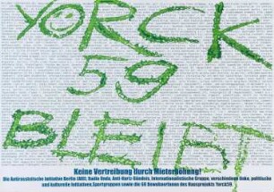 Plakat: "Yorck59 bleibt" gegen die Vertreibung des Projektes durch Mieterhöhungen