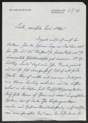 Brief von Wilhelm Buller an Margarete Hauptmann