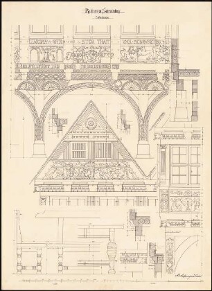 Rathaus, Schwalenberg: Detais von Giebel, Arkaden, Schnitzwerk 1:5, 1:10