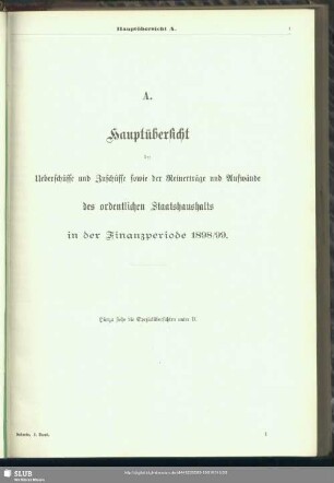 A. Hauptübersicht der Ueberschüsse und Zuschüsse sowie der Reinerträge und Aufwände des ordentlichen Staatshaushalts in der Finanzperiode 1898/99