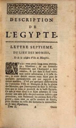 Description de l'Egypte : contenant plusieurs remarques curieuses sur la geographie ancienne et moderne de ce païs, sur ses monumens, sur les moeurs, les coutumes et la religion des habitans, sur le gouvernement et le commerce, sur les animaux, les arbes, les plantes ... ; ouvrage enrichi de cartes et de figures. 2