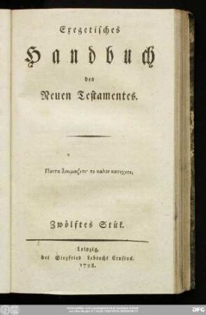 Zwölftes Stük: Exegetisches Handbuch des Neuen Testamentes