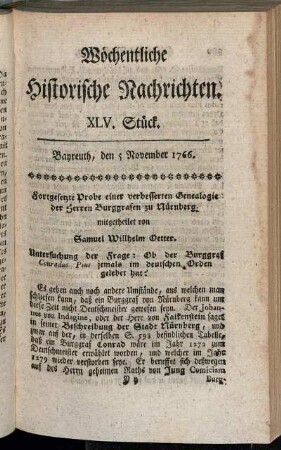 XLV. Stück. Bayreuth, den 5. November 1766.