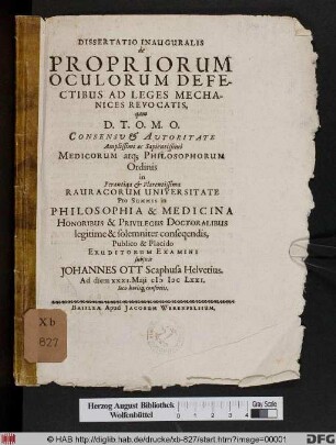 Dissertatio Inauguralis de Propriorum Oculorum Defectibus Ad Leges Mechanices Revocatis