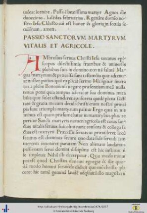 Passio Sanctorum Martyrum Vitalis Et Agricole.