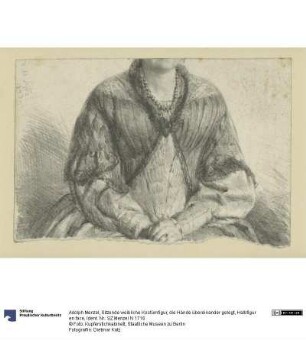 Sitzende weibliche Kostümfigur, die Hände übereinander gelegt, Halbfigur en face