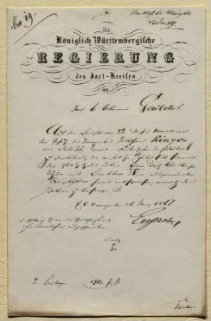 Gemeinde: Frickenhofen Name: Köngeter, Gottfried Beruf: Zimmermeister Brettervertäferung der westlichen Giebelseite an der Scheune Genehmigt: 1867 Bautagebuch-Nr.: 19