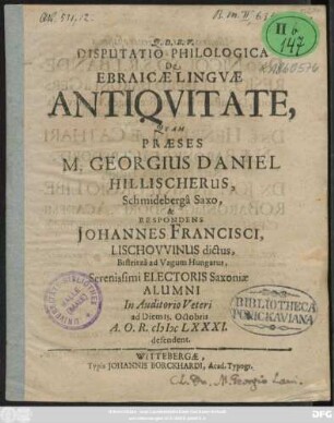 Disputatio Philologica De Ebraicae Linguae Antiquitate