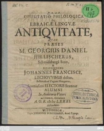 Disputatio Philologica De Ebraicae Linguae Antiquitate
