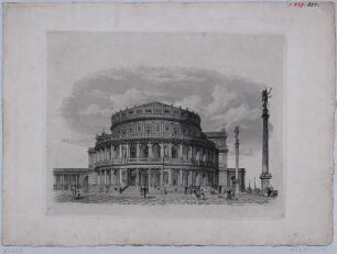Die erste Semperoper von 1841 auf dem Theaterplatz in Dresden, nach einer Planung Gottfried Sempers von 1845 mit anschließender Kollonade und Viktoriensäulen, aus Sempers "Königliches Hoftheater zu Dresden" von 1849