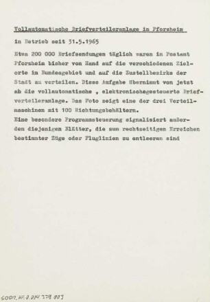 Siemens vollautomatische Briefverteileranlage im Postamt Pforzheim