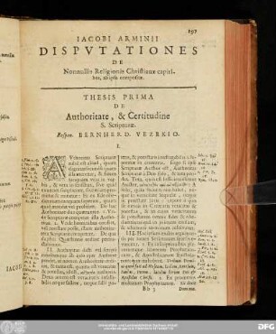 Thesis Prima De Authoritate, & Certitudine S. Scripturae. Respon. Bernherd. Vezekio.