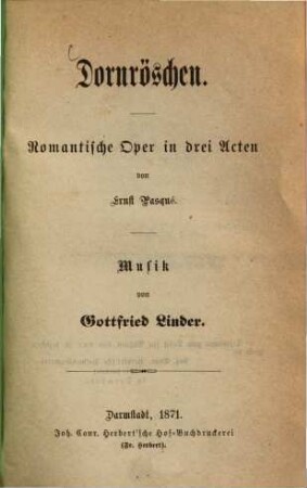 Dornröschen : romantische Oper in drei Acten