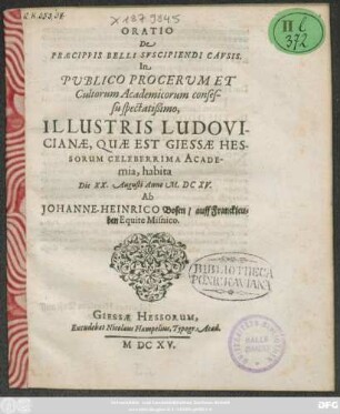 Oratio De Praecipuis Belli Suscipiendi Causis