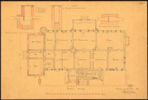 Herrschaftliches Wohnhaus, Belmsdorf Umbau: Grundriss Erdgeschoss, 3 Schnitte durch die Entwässerungsleitungen, Maßstabsleiste ca. 1:92
