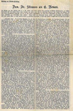 Brief von David Friedrich Strauß an E. Renan über die Deutsch-Französischen Beziehungen angesichts des Krieges 1870/71