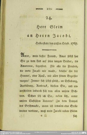 24. Herr Gleim an Herrn Jacobi. Halberstadt den 21sten Octob. 1767