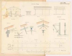 Überdachte Verladerampe Monatskonkurrenz Oktober 1869: Grundriss, Aufriss Seitenansicht, Längsschnitt, Querschnitt, Details; 4 Maßstabsleisten