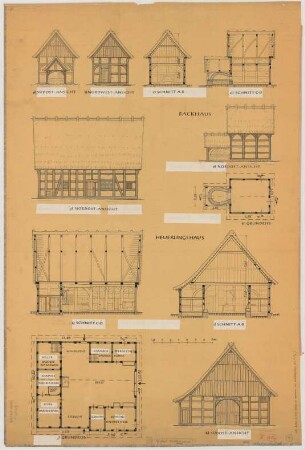 Avenwedde (Kreis Wiedenbrück): Hof Meier Avenwedde. Heuerlingshaus (Grundriss, Südostansicht, Schnitte)