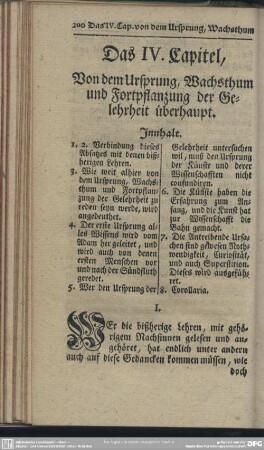Das IV. Capitel, Von dem Ursprung, Wachsthum und Fortpflanzung der Gelehrheit überhaupt