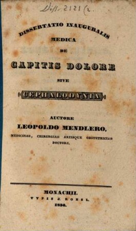 Diss. inaug. med. de capitis dolore, sive cephalodynia