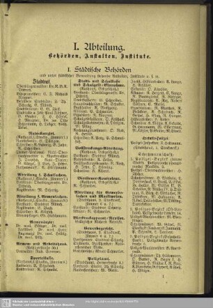 I. Abtheilung. Behördenverzeichnis : I. Abtheilung. Behörden, Anstalten und Institute
