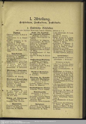 I. Abtheilung. Behördenverzeichnis : I. Abtheilung. Behörden, Anstalten und Institute