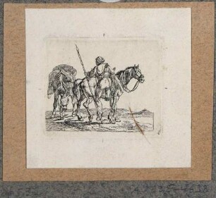 Auf sein Pferd aufsteigender Kosak mit Packpferd, wahrscheinlich während der Befreiungskriege gegen Napoleon um 1813 in Sachsen