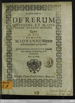 Disputatio de rerum divisione et acquirendo ipsarum dominio