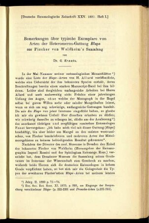 Bemerkungen über typische Exemplare von Arten der Heteromeren-Gattung Blaps aus Fischer von Waldheim's Sammlung