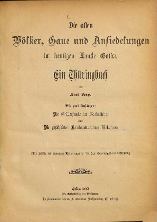 Die alten Völker, Gaue und Ansiedlungen im heutigen Land Gotha