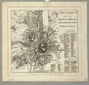 Stadtplan von Dresden, Altstadt und Neustadt, mit den Vorstädten, Resten der Festungsanlagen, einem Maßstab in Dresdner Ellen und Schritt sowie einer Legende