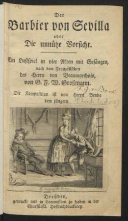 Der Barbier von Sevilla oder Die unnütze Vorsicht : Ein Lustspiel in vier Akten mit Gesängen