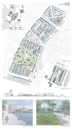Spandau bei Berlin Schinkelwettbewerb 2014: Diagramme, Lageplan 1:1000, Grundriss und Schnitt 1:500, perspektivische Ansichten