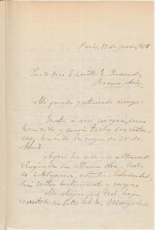 [Carta de agradecimiento a Vicente Quesada en español, París, 19 de junio de 1878]