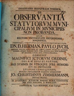 Diss. inaug. ... de observantia statutorum municipalium in municipiis non probanda