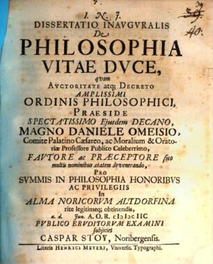 Diss. inaug. de philosophia vitae duce