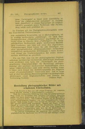 Herstellung photographisches Bilder mit erhabenen Umrisslinien