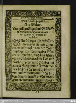 Das XXXII. Capitel. Der Psalter. Des heiligen Augustini, Bischoffs zu Hippon, welchen er seiner lieben Mutter der Monica gemacht hat