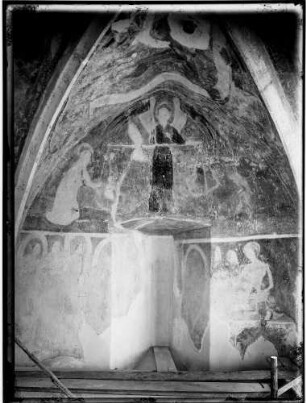 Heddesbach Evangelischen Peterskirche Wandmalerei im Chor an der Nordwand, unten ungläubiger Thomas und Christus, oben Seelenwägung (15. Jahrhundert)