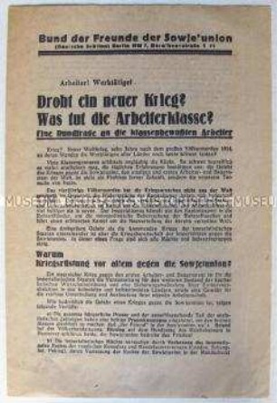 Flugschrift des Bundes der Freunde der Sowjetunion zu den Gefahren eines neuen Krieges