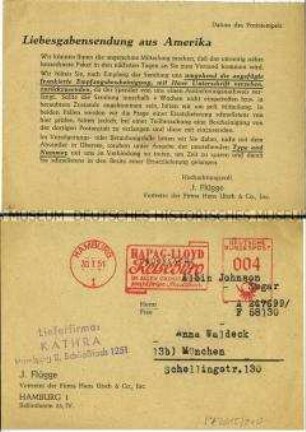 Benachrichtigung über eine Liebesgaben-Sendung aus den USA