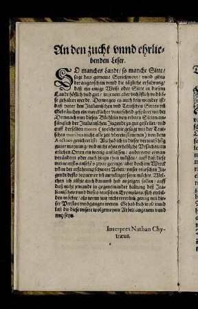 An den zucht unnd ehrliebenden Leser